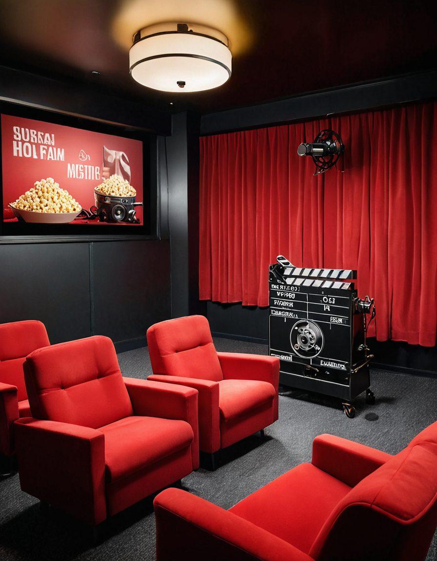 A vibrant cinema setting with plush red velvet seats, a film reel in the foreground, and a large screen displaying behind-the-scenes footage. A cozy atmosphere with warm lighting and a popcorn bucket beside a director's chair, hinting at exclusive interviews. Incorporate film-related elements like clapperboards and camera equipment in the background. super-realistic. vibrant colors. cinematic style.