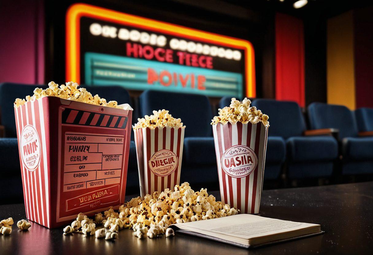 A cinematic clapperboard and film reels splashed with colorful lights, set against a backdrop of a vibrant movie theater bursting with excitement. Include popcorn boxes and a film critic’s notebook in the foreground. Capture a sense of anticipation and adventure in the air, making it inviting for movie buffs. retro movie poster style. vibrant colors. 3D.