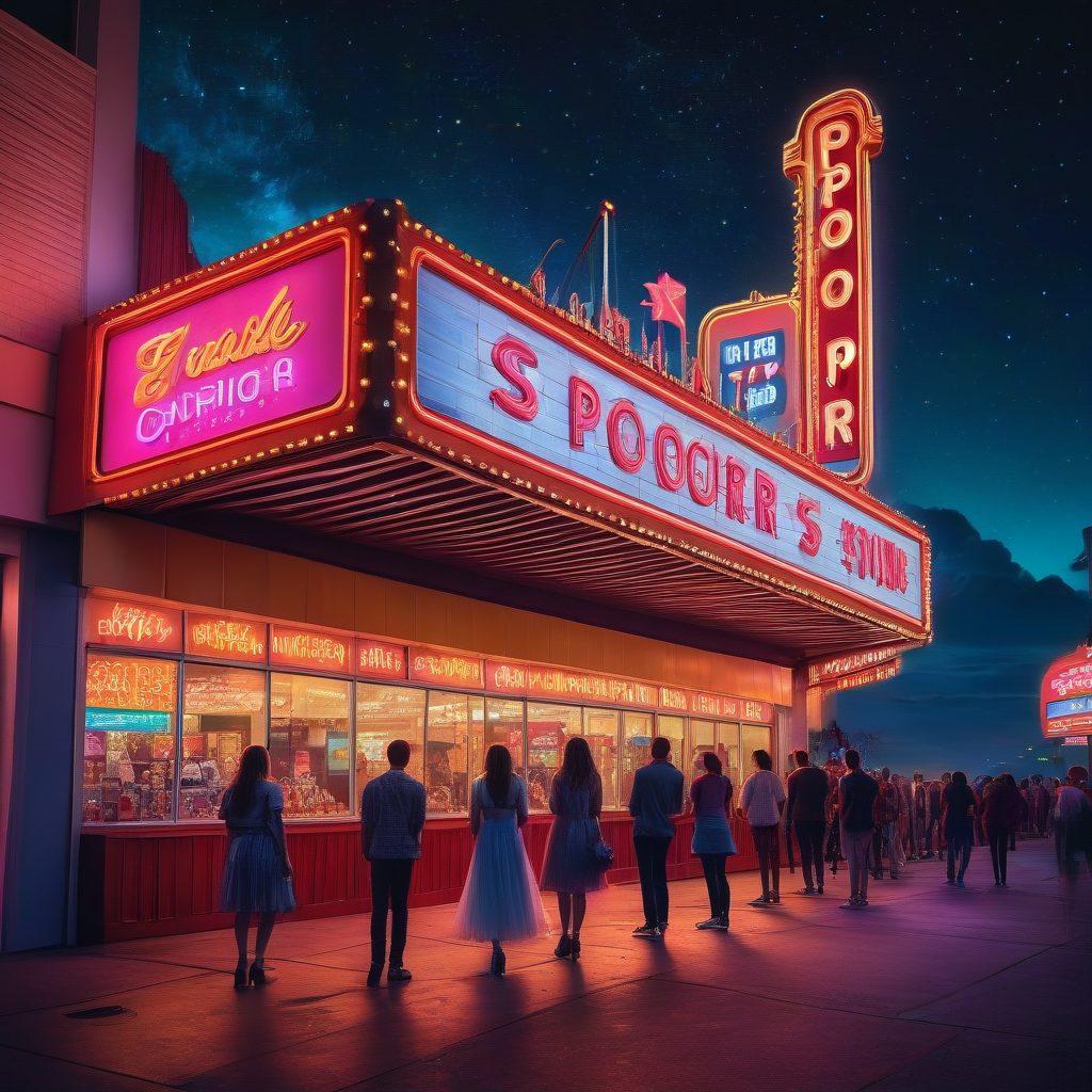 A futuristic cinema marquee illuminated with vibrant neon lights displaying the latest movie titles and release dates, surrounded by excited moviegoers in stylish attire. Include a giant popcorn bucket and film reels stacked nearby, showcasing a dynamic blend of cinematic elements. The sky is dusk-colored, giving a cinematic vibe, with stars beginning to twinkle. super-realistic. vibrant colors. neon style.